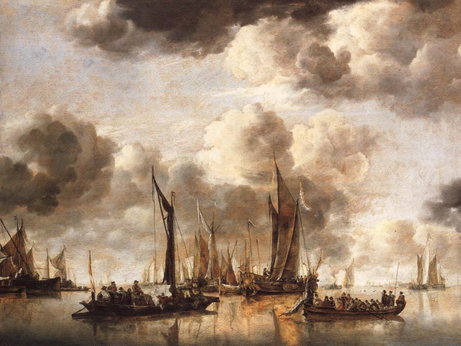 Jan van de Cappelle A Dutch Yacht Firing a Salute as a Barge Pulls Away and Many Small vessels at Anchor